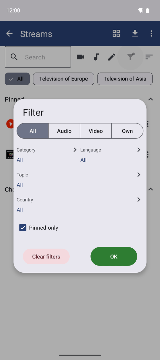 The Streams Filter dialog with the Pinned only switch turned on