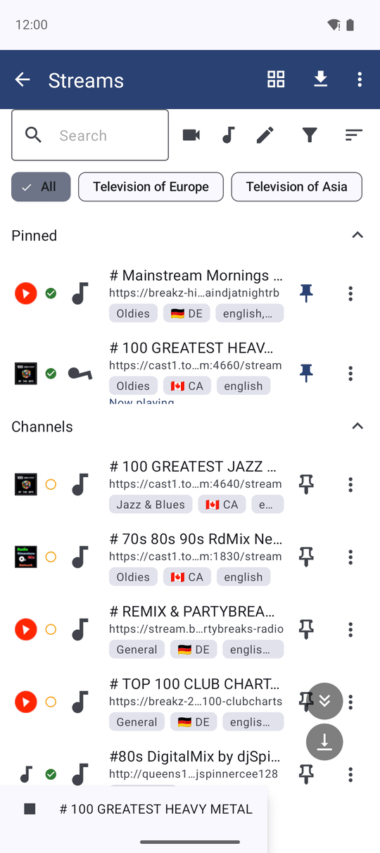 Three channel rows in the Streams list, one with a green check, one with a red exclamation mark and one with a hollow amber circle