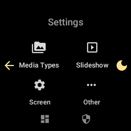 The watch app Settings root screen showing transparent icon targets laid out in a two-column grid