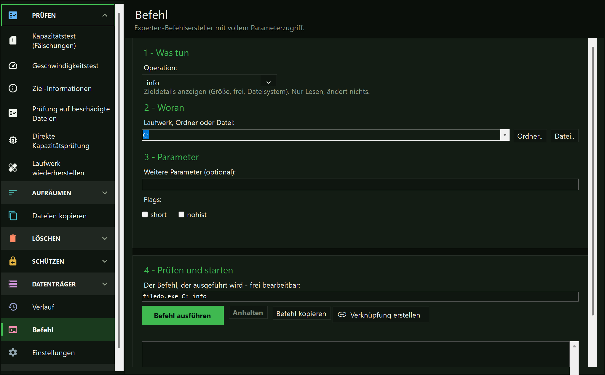 Die Seite „Befehl“: die Operation info, das Ziel, die Schalter short und nohist und die bearbeitbare Zeile filedo.exe C: info über der Schaltfläche „Befehl ausführen“