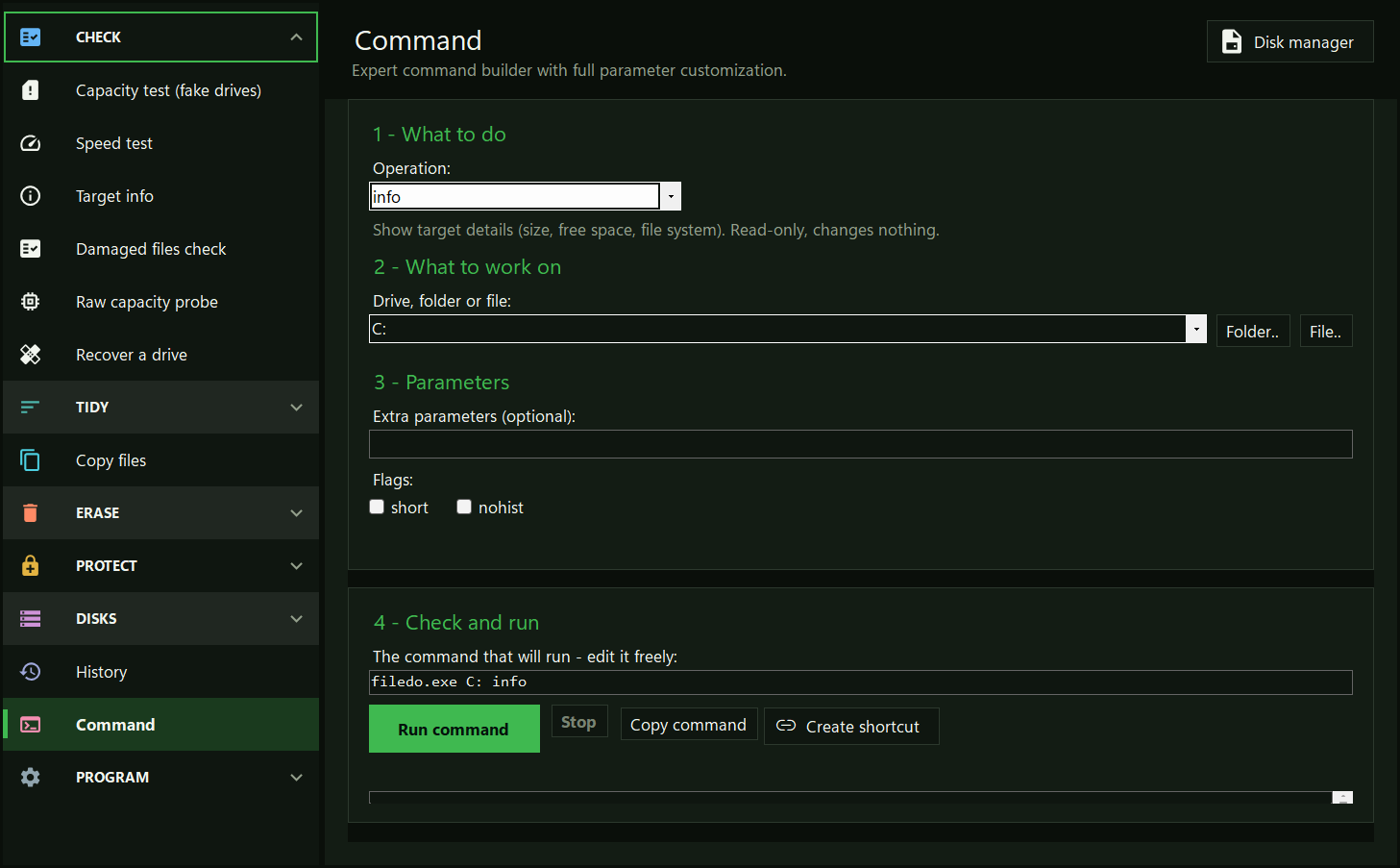 The Command page: the info operation, the target, the short and nohist flags, and the editable line filedo.exe C: info above the Run command button