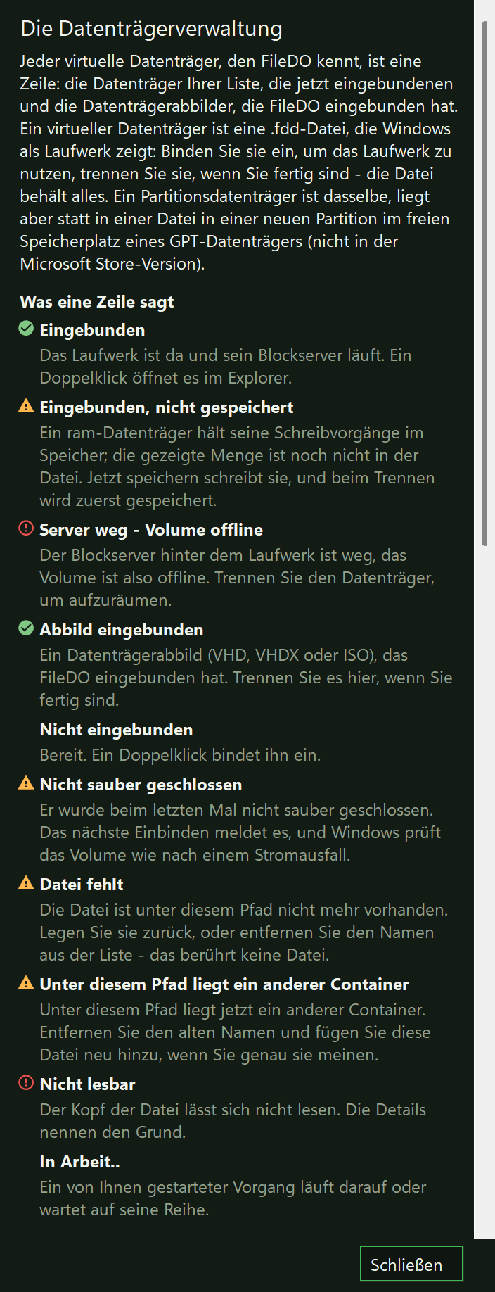 Die erste Seite des Hilfefensters der Datenträgerverwaltung: die Überschrift, eine Einleitung und Was eine Zeile sagt - jeder Zustand in Worten mit seinem Symbol und einem erklärenden Satz; darunter folgt die Tastentabelle