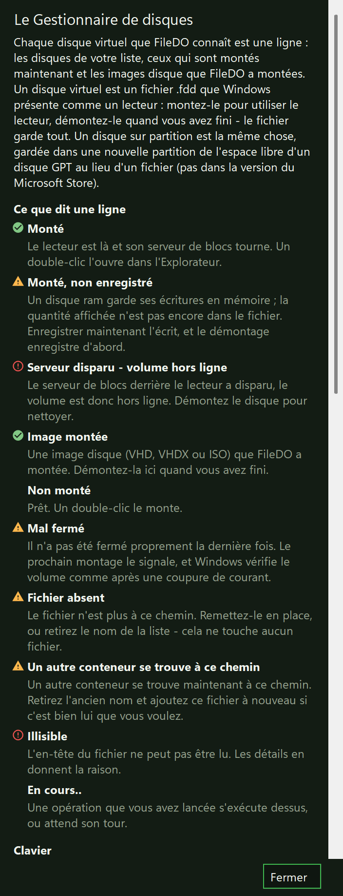 Le premier écran de la fenêtre d’aide du Gestionnaire de disques : le titre, une introduction et Ce que dit une ligne - chaque état en toutes lettres avec son icône et une phrase d’explication ; le tableau des touches suit plus bas