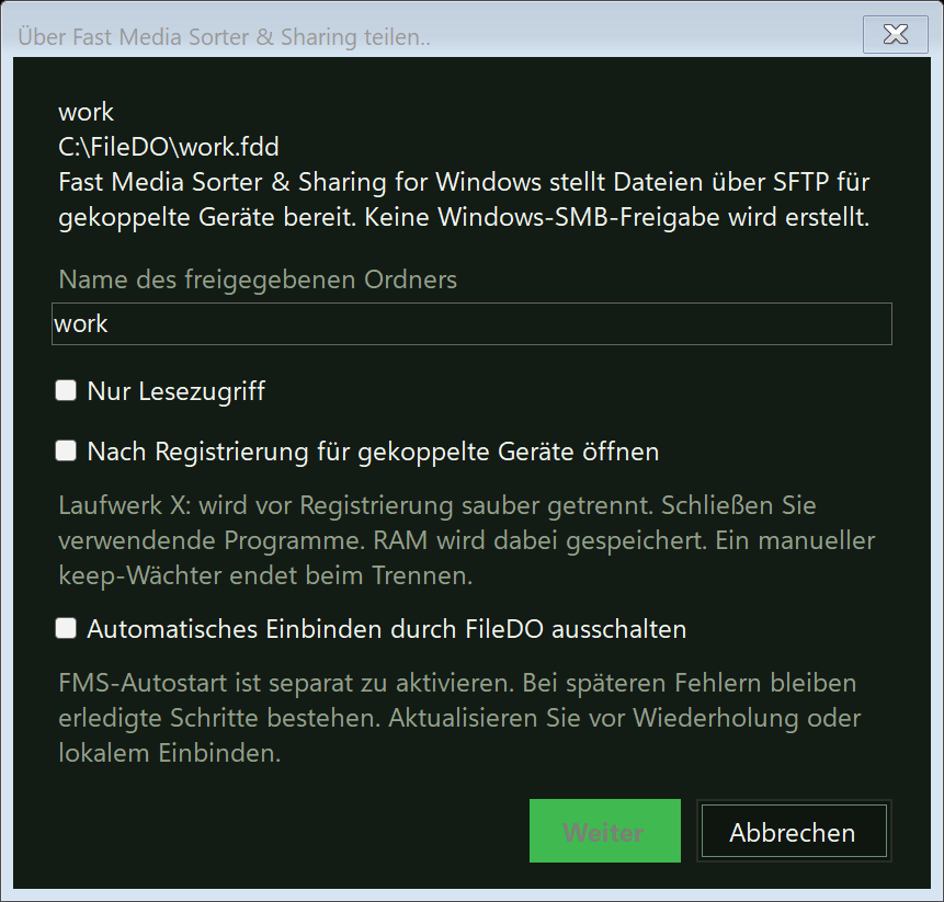 Registrierungsdialog für einen Datenträger mit Ordnername, Nur Lesezugriff, separatem Öffnen, Hinweis auf sauberes Trennen und Zustimmung zum Abschalten des lokalen automatischen Einbindens.