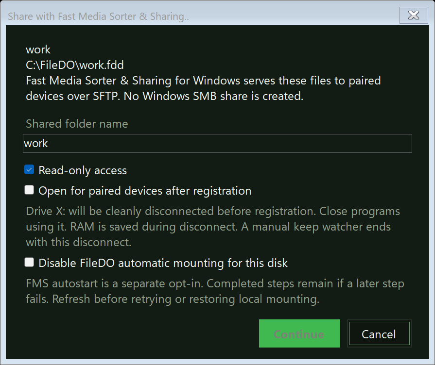 Disk registration dialog with root name, read-only access, separate opening, clean-disconnect notice and consent to disable local automatic mounting.