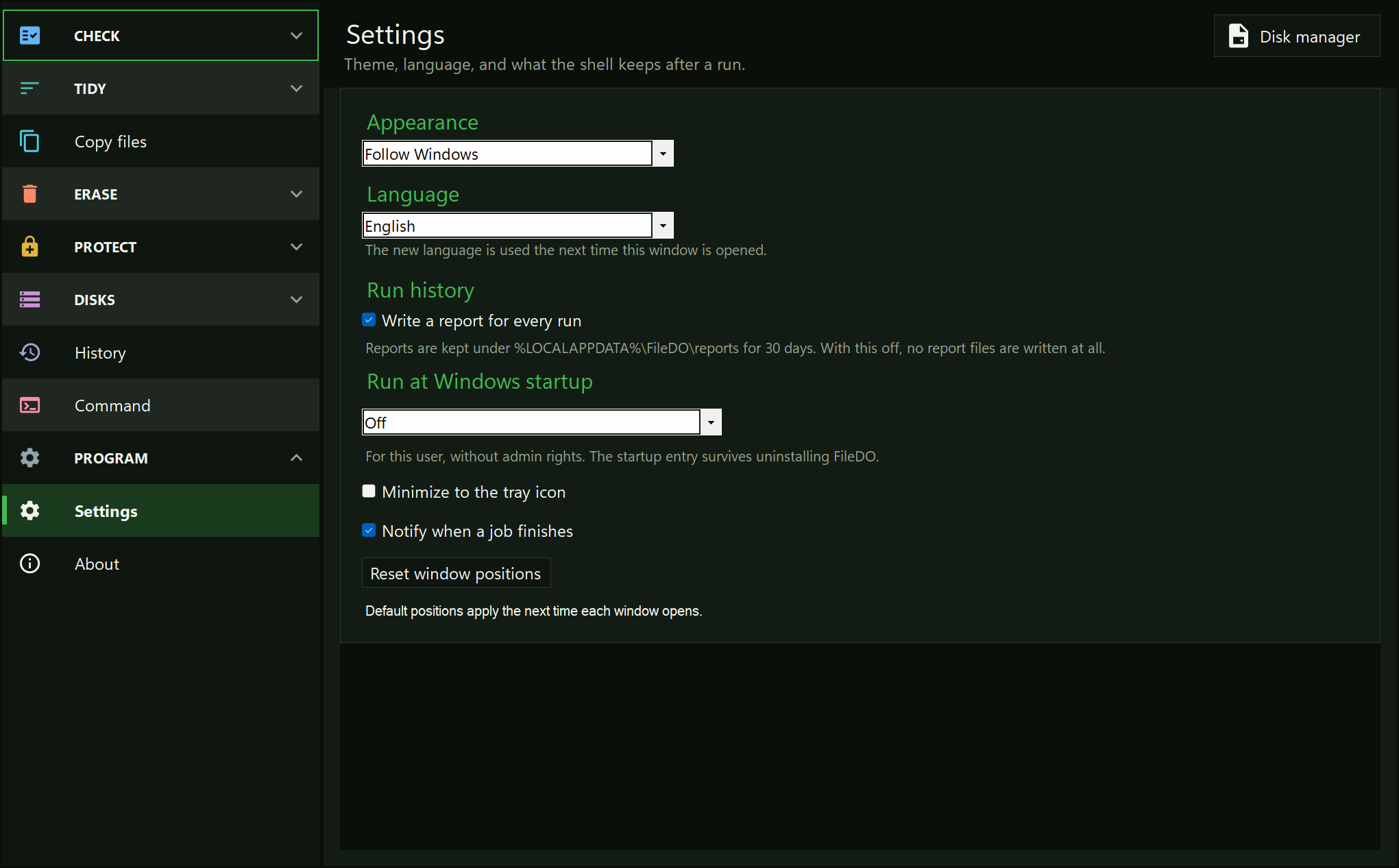 The Settings page in the FileDO main window