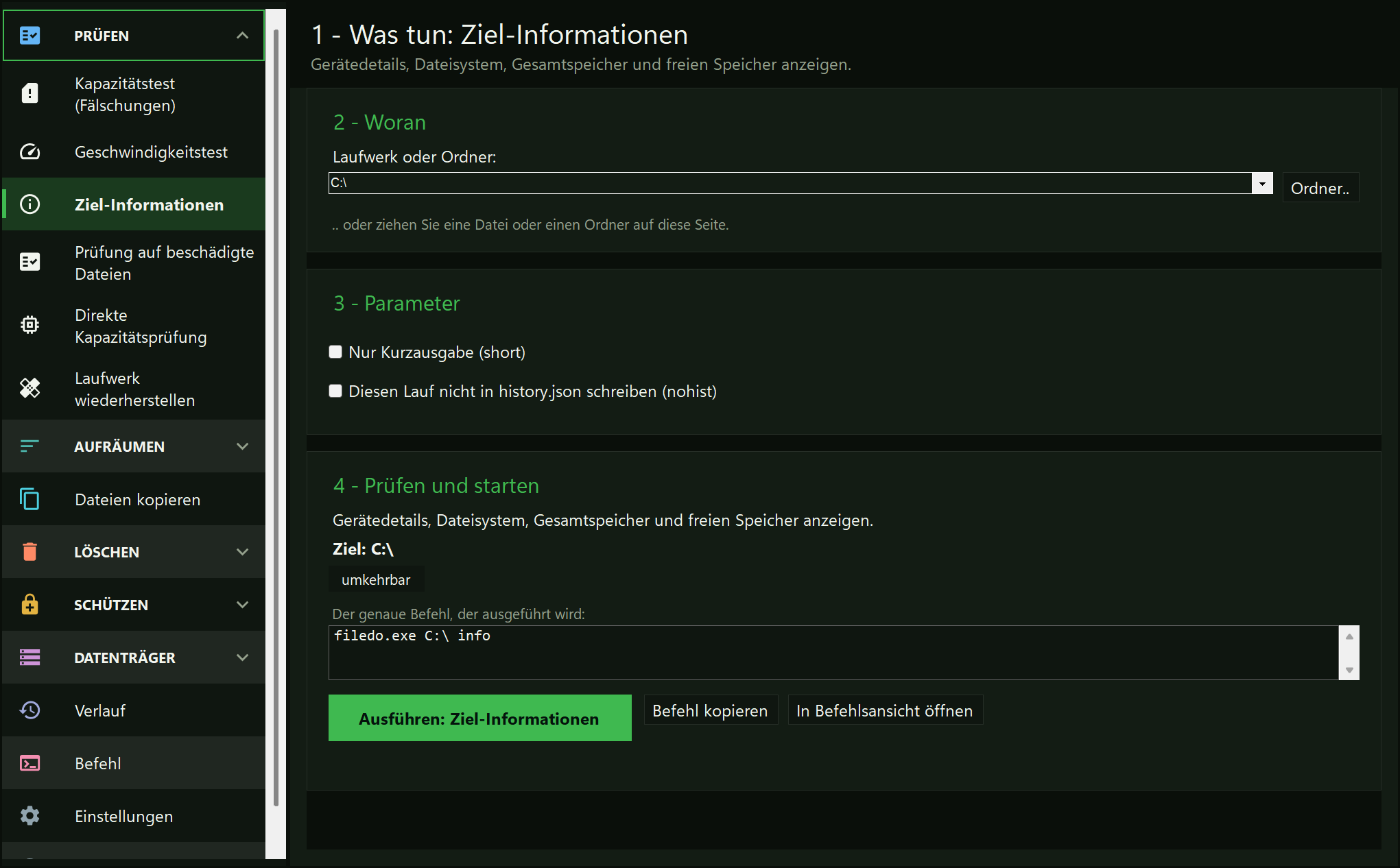 Das FileDO-Fenster: links die Leiste der Aufgaben mit gewählter Seite „Ziel-Informationen“; rechts die Schritte 1-4 mit dem Ziel C:\ und dem Befehl filedo.exe C:\ info
