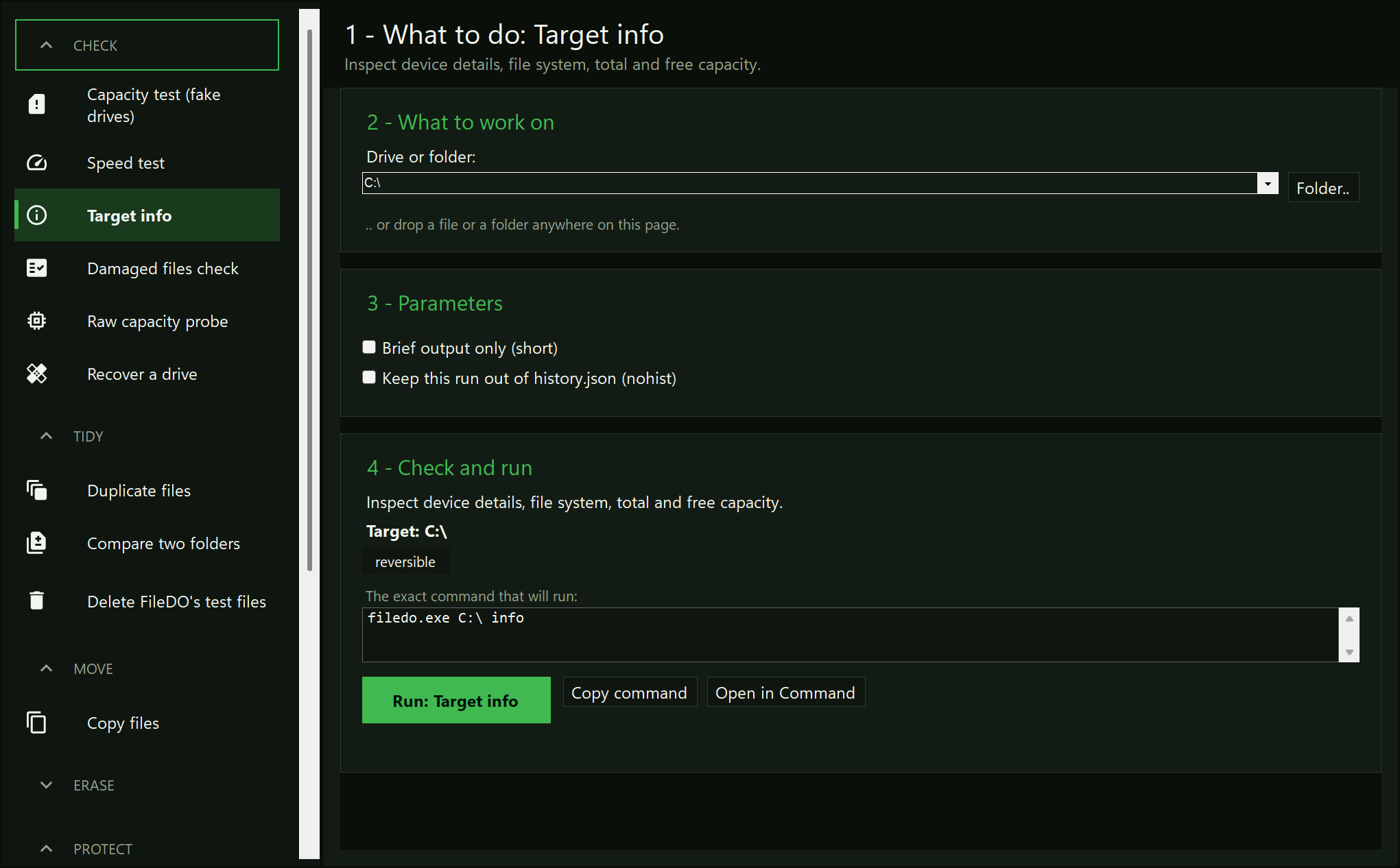 The FileDO window: the rail of jobs on the left with Target info selected; steps 1-4 on the right with the target C:\ and the command filedo.exe C:\ info