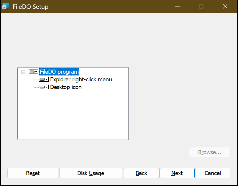 FileDO Setup, page Choose what to install: the feature tree FileDO program with Explorer right-click menu and Desktop icon under it
