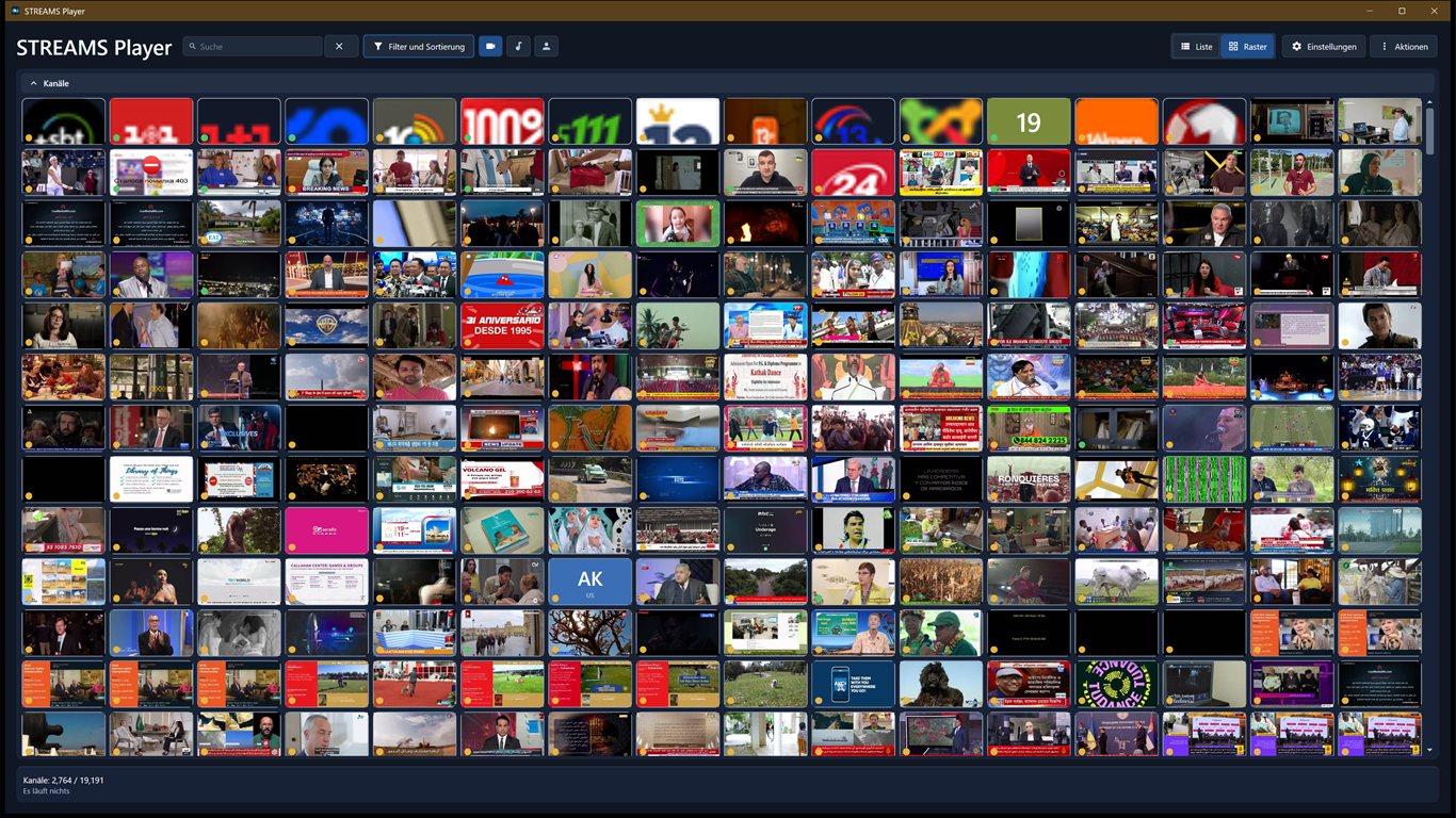 STREAMS Player: der Katalog als Raster von Videokanälen, jede Kachel mit einem aktuellen Bild aus ihrem Stream